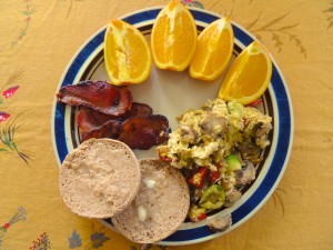 The bell pepper went into a scramble along with red onion, mushrooms, and an avocado (also from the garden). The navel orange is from our tree.